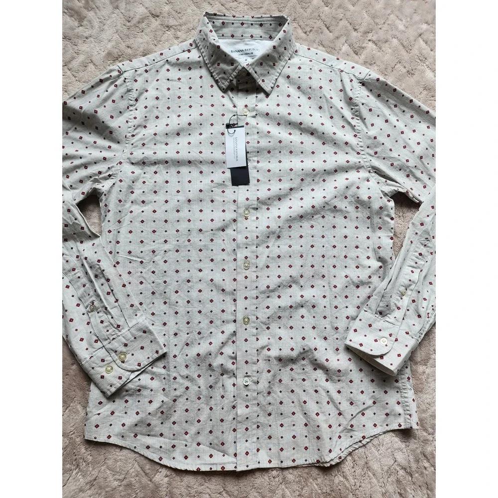 Banana Republic Mens Untucked Slim Fit Grey Red Diamond Luxe Poplin Shirt M NEW